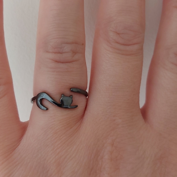 925 Sterling Silver Black Gold Plated Cat Adjustable Ring - Picture 7 of 8